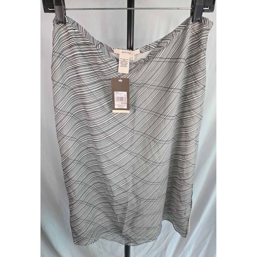 Silk Black White Striped Lined Midi Skirt Size L Side Zip NWT Minimalist Career‎